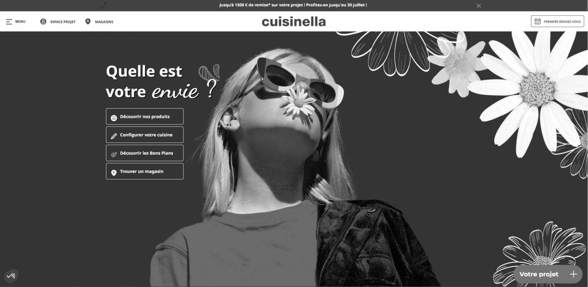 Screenshot en échelle de gris du site web de Cuisinella