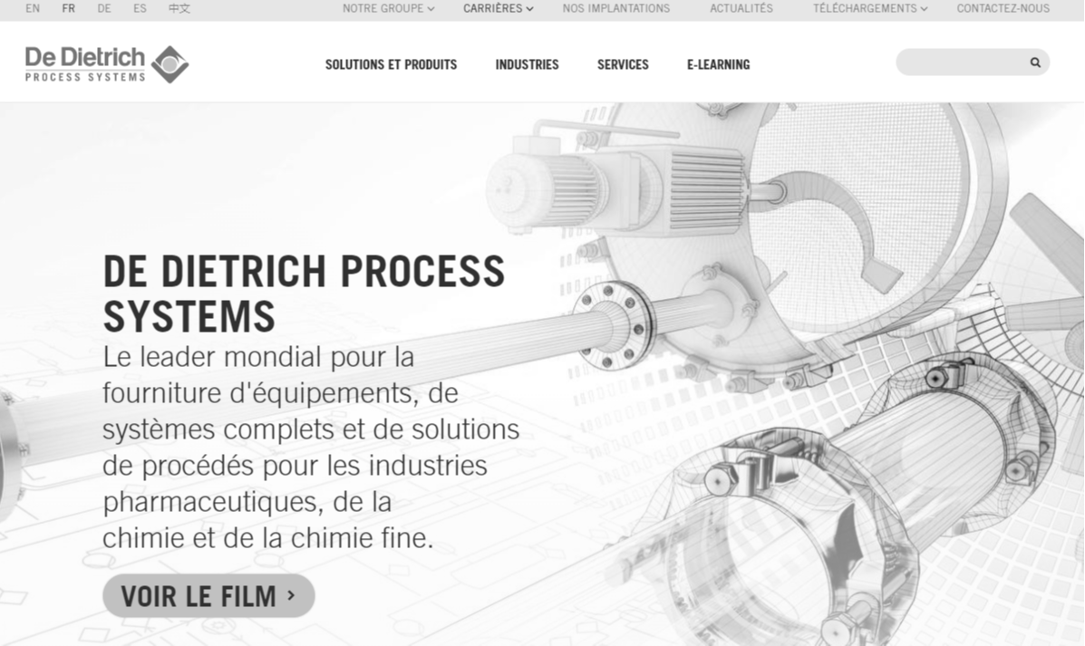 Screenshot en échelle de gris du site web de DDPS (De Dietrich Process System)